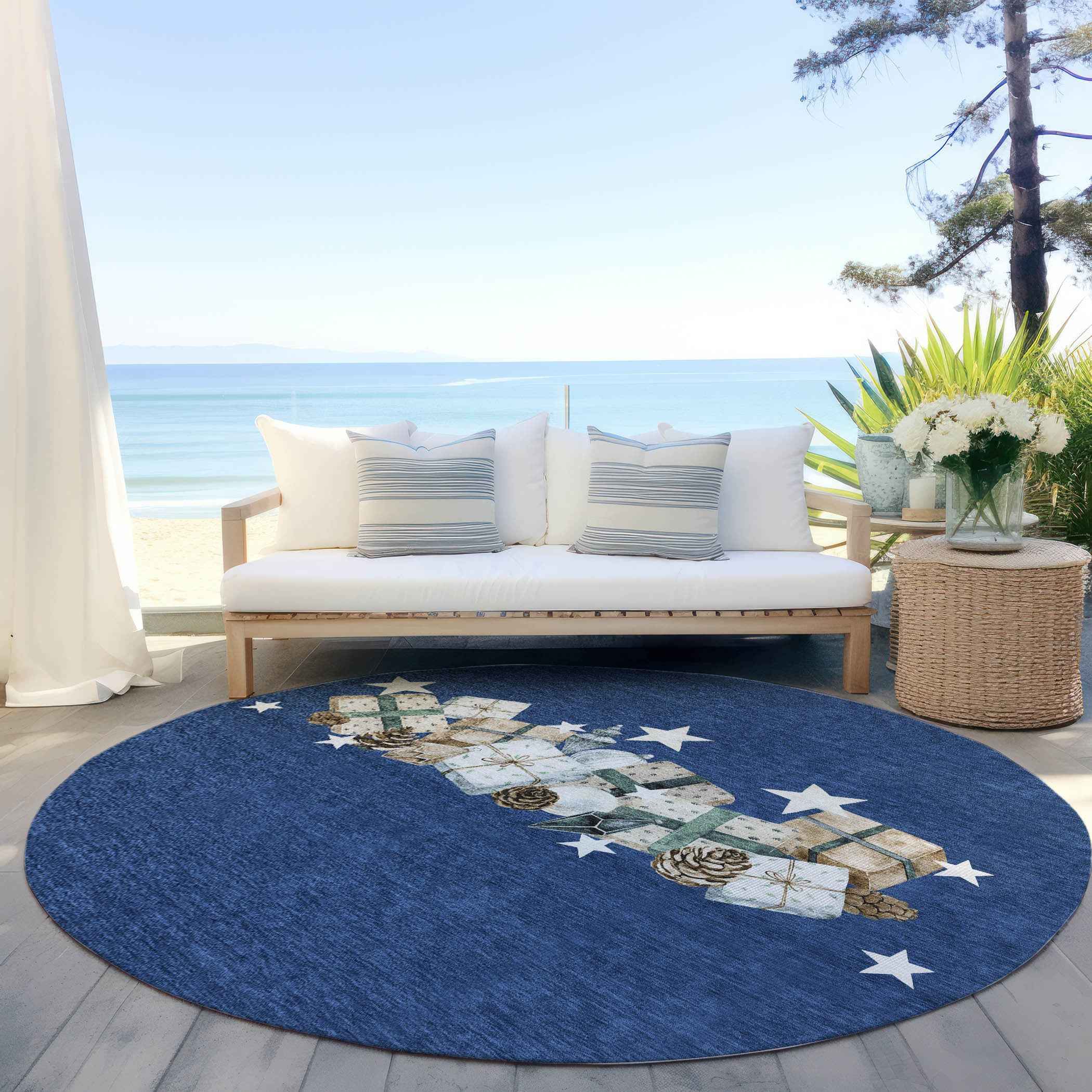 8' Navy Blue Beige Ivory And Taupe Round Geometric Washable Indoor Outdoor Area Rug