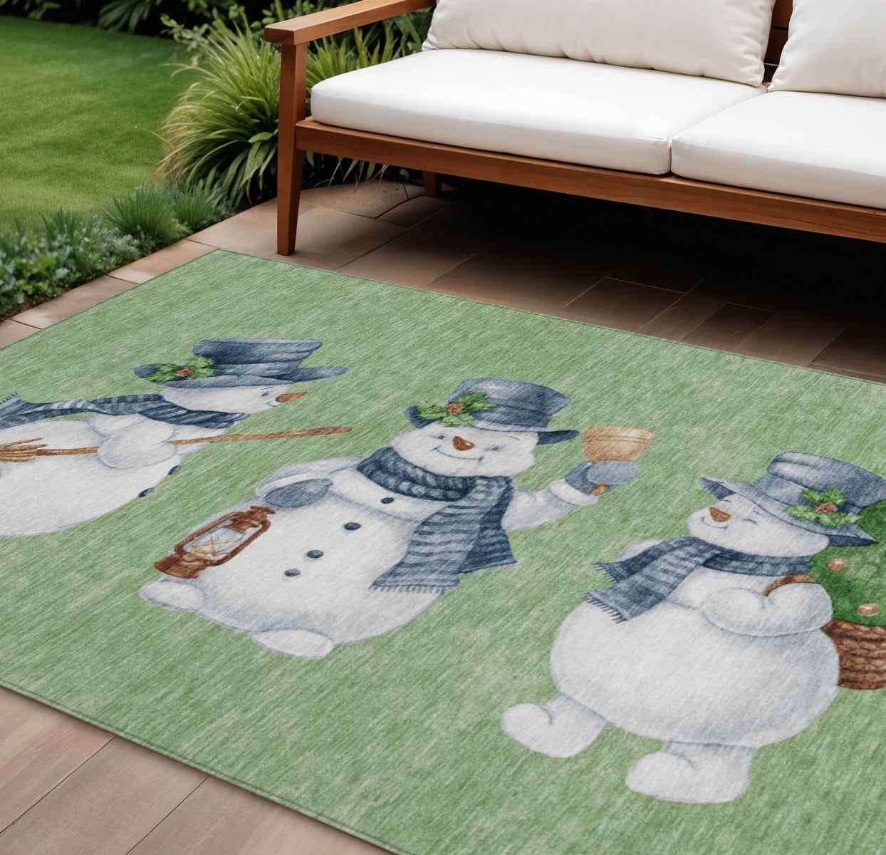 8' X 10' Artichoke Green Denim Blue And Ivory Botanical Leaves Washable Indoor Outdoor Area Rug