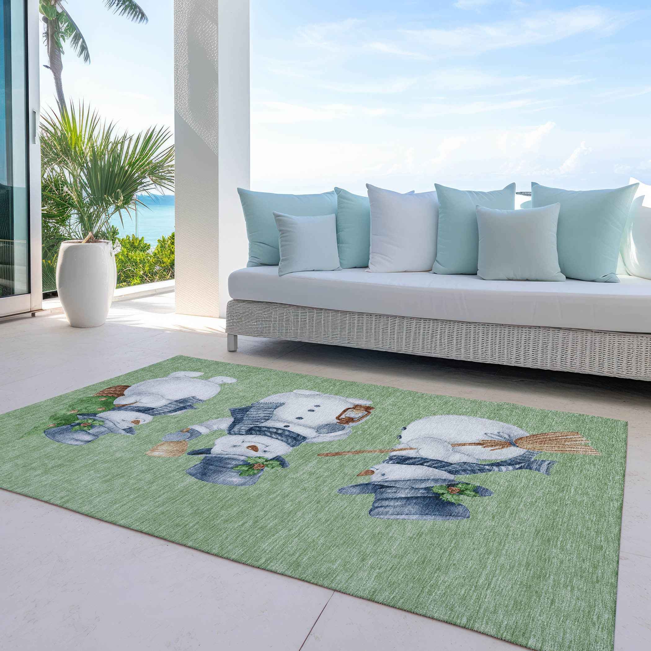 8' X 10' Artichoke Green Denim Blue And Ivory Botanical Leaves Washable Indoor Outdoor Area Rug