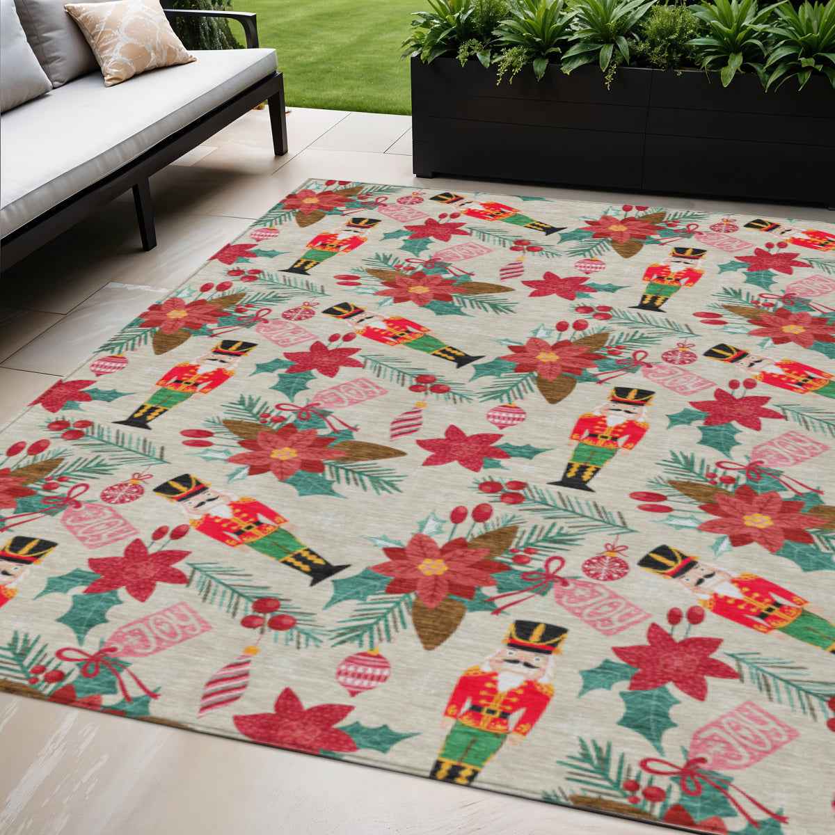5' X 8' Beige Red Black Pink And Brown Floral Washable Indoor Outdoor Area Rug