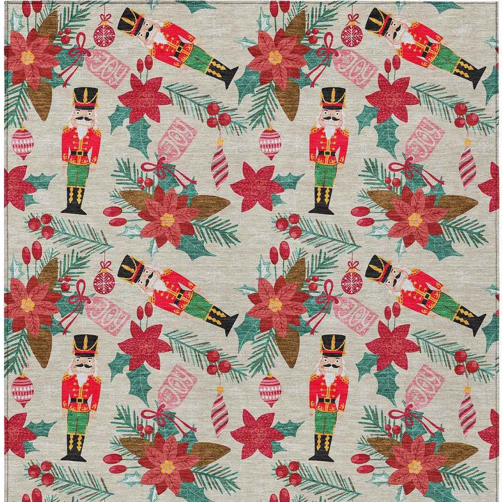 5' X 8' Beige Red Black Pink And Brown Floral Washable Indoor Outdoor Area Rug