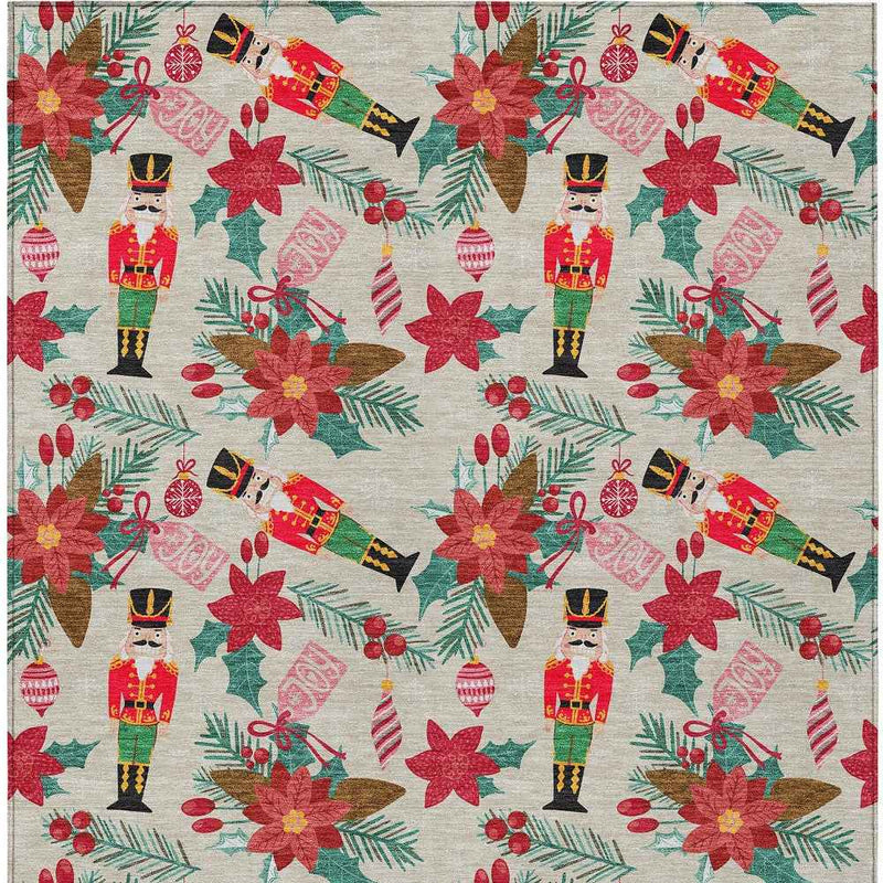 5' X 8' Beige Red Black Pink And Brown Floral Washable Indoor Outdoor Area Rug