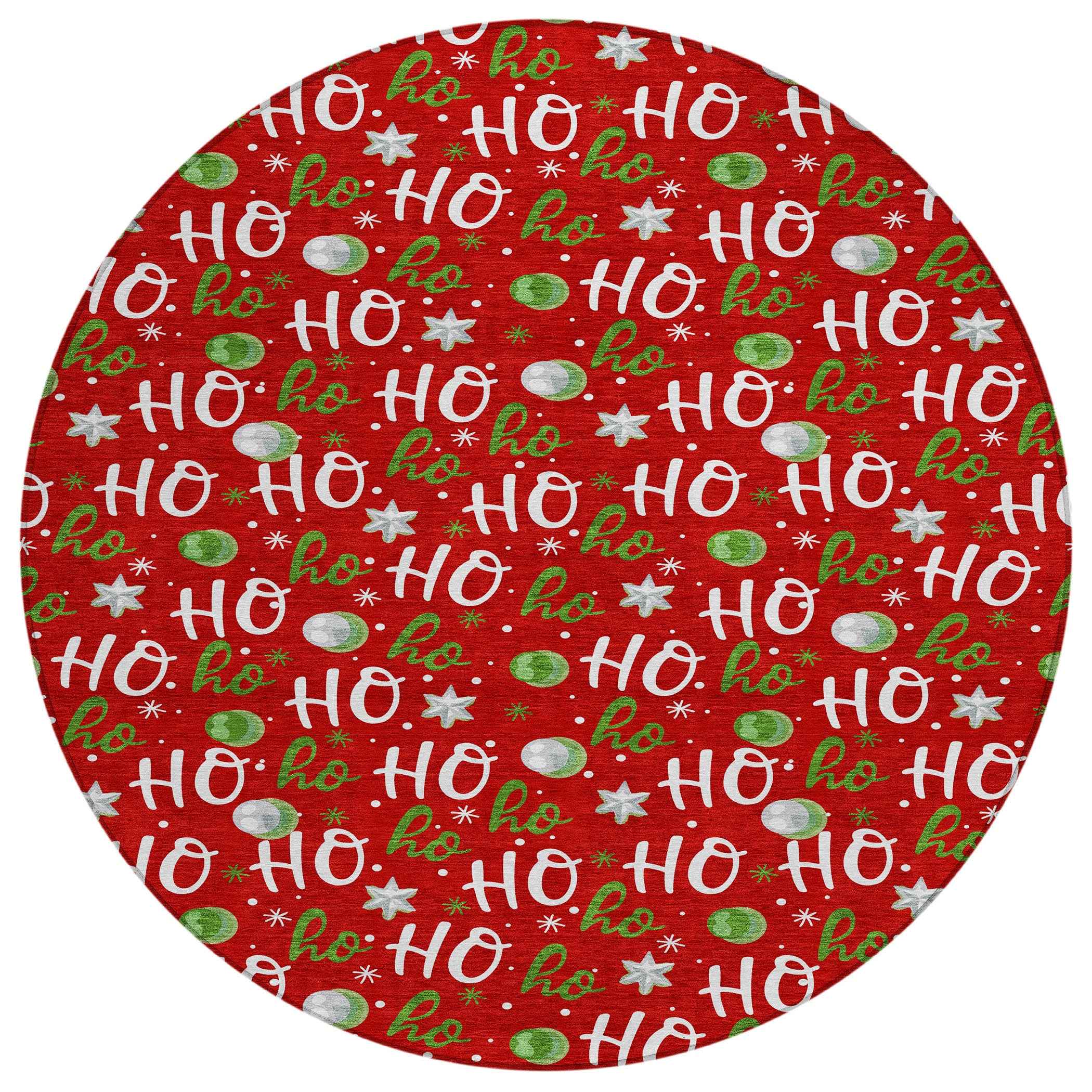 8' Red White And Green Round Polka Dot Washable Indoor Outdoor Area Rug