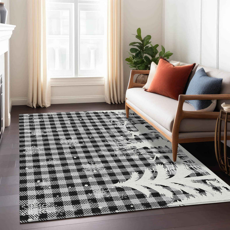 8' X 10' Gray Black And Ivory Plaid Washable Indoor Outdoor Area Rug
