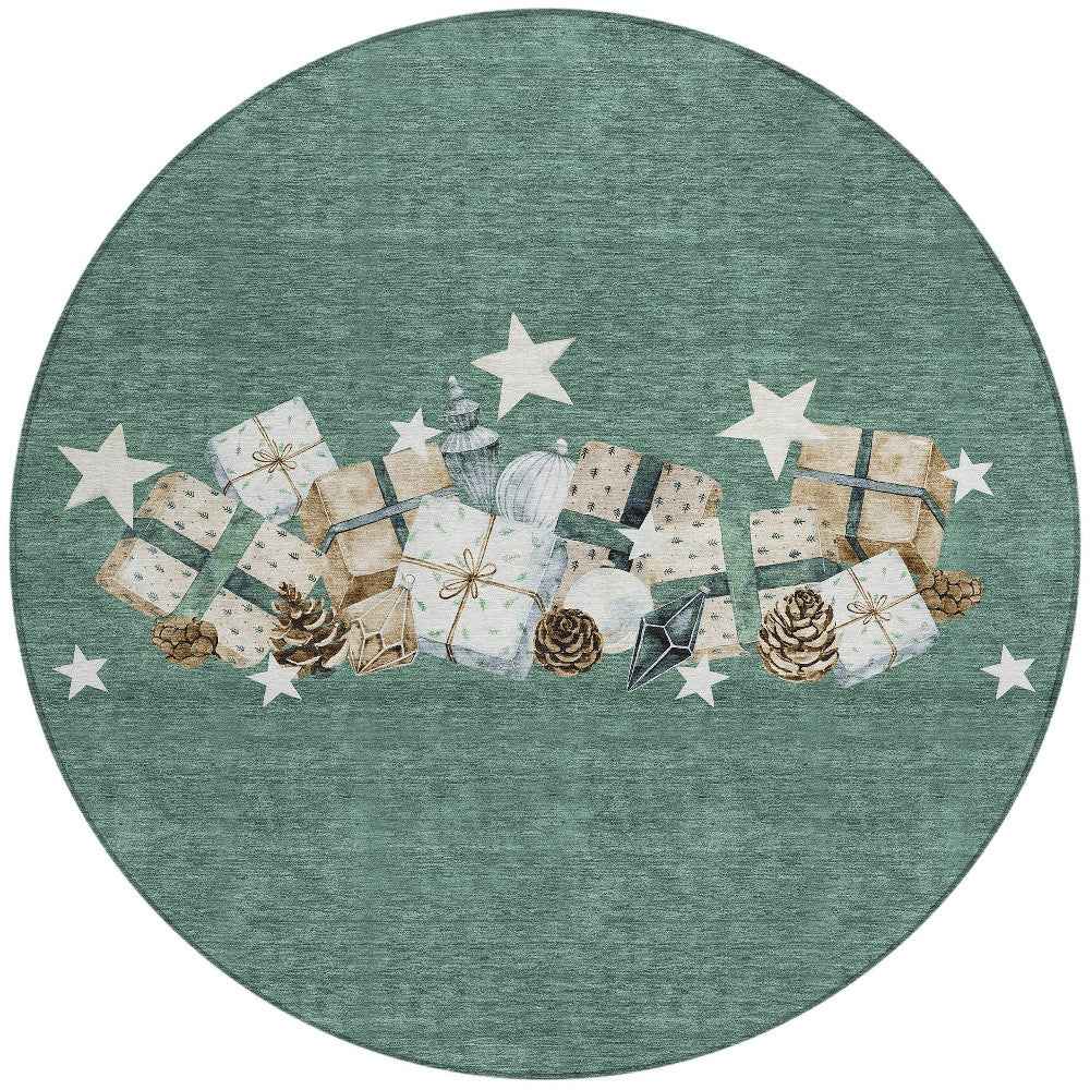 8' Pale Aqua Beige Ivory And Taupe Round Geometric Washable Indoor Outdoor Area Rug
