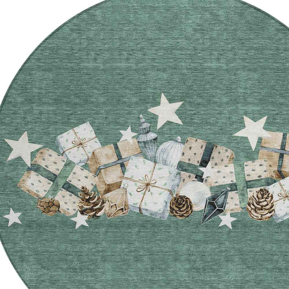 8' Pale Aqua Beige Ivory And Taupe Round Geometric Washable Indoor Outdoor Area Rug