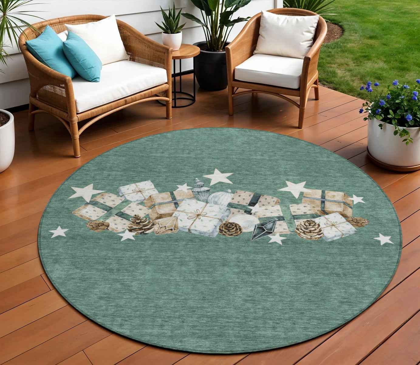 8' Pale Aqua Beige Ivory And Taupe Round Geometric Washable Indoor Outdoor Area Rug