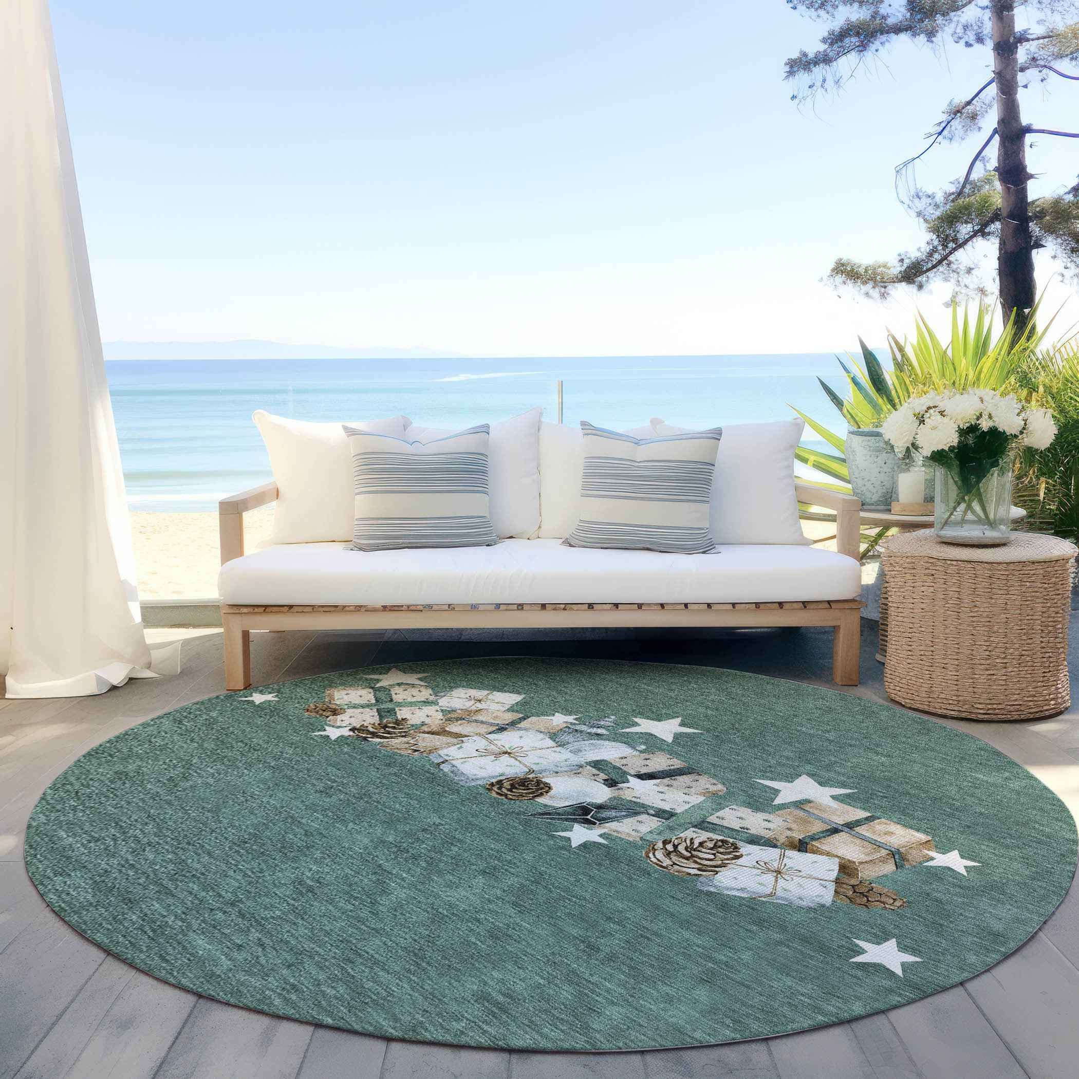 8' Pale Aqua Beige Ivory And Taupe Round Geometric Washable Indoor Outdoor Area Rug