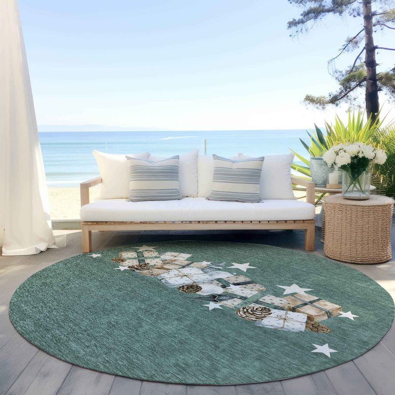 8' Pale Aqua Beige Ivory And Taupe Round Geometric Washable Indoor Outdoor Area Rug