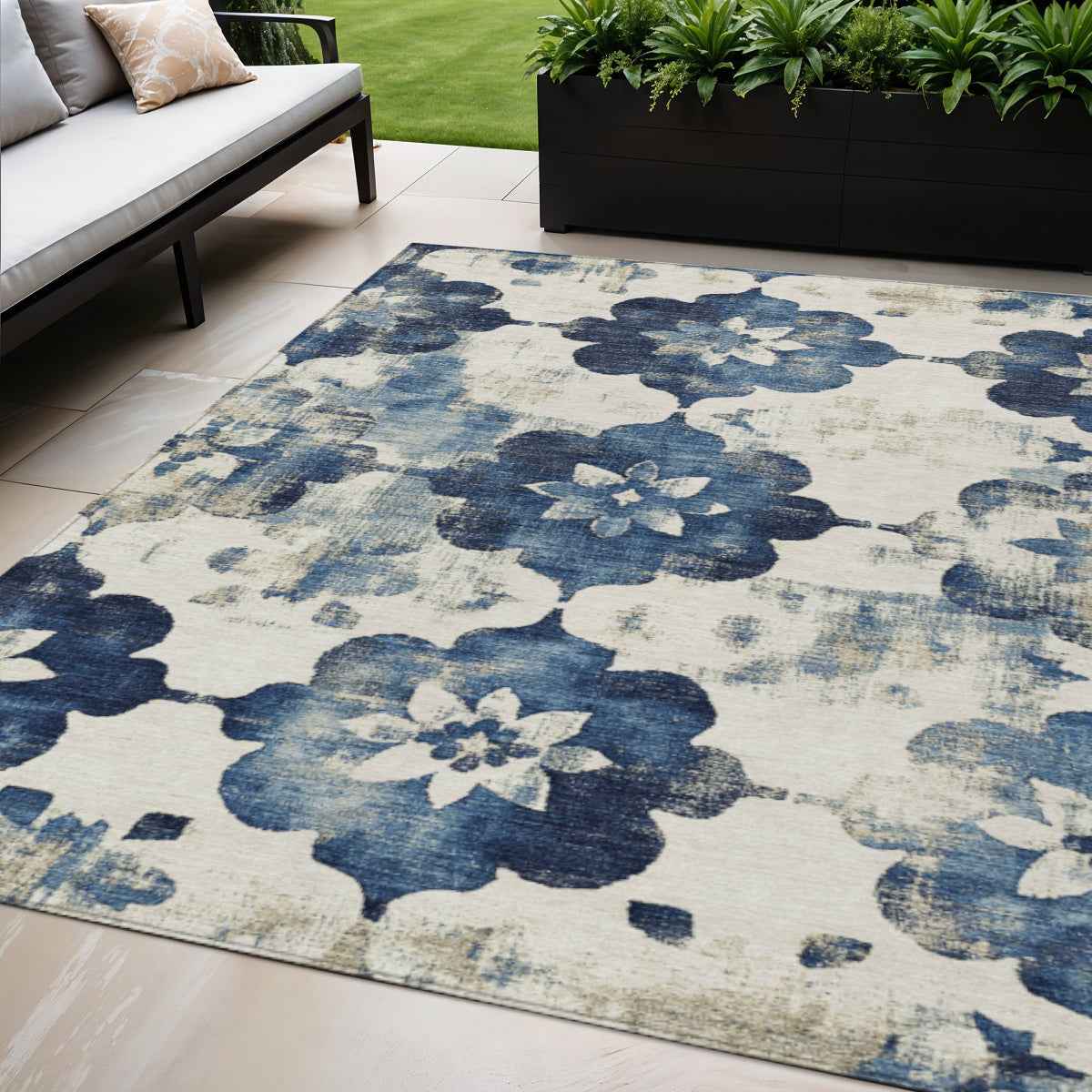 5' X 8' Navy Blue And Ivory Floral Washable Indoor Outdoor Area Rug