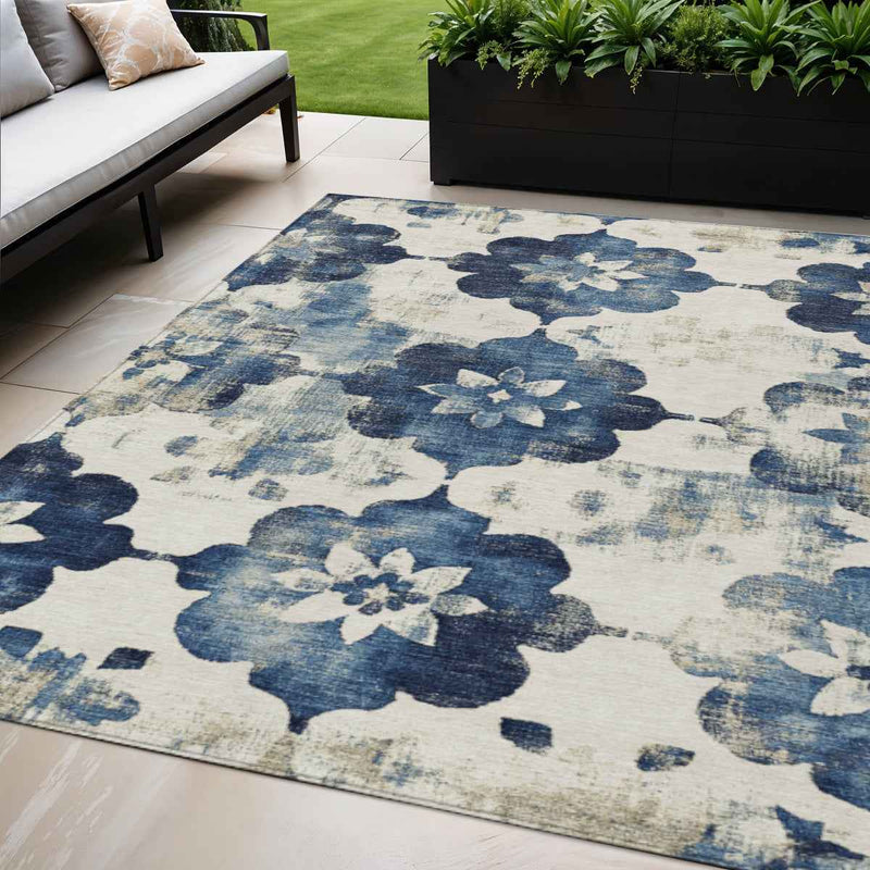 5' X 8' Navy Blue And Ivory Floral Washable Indoor Outdoor Area Rug