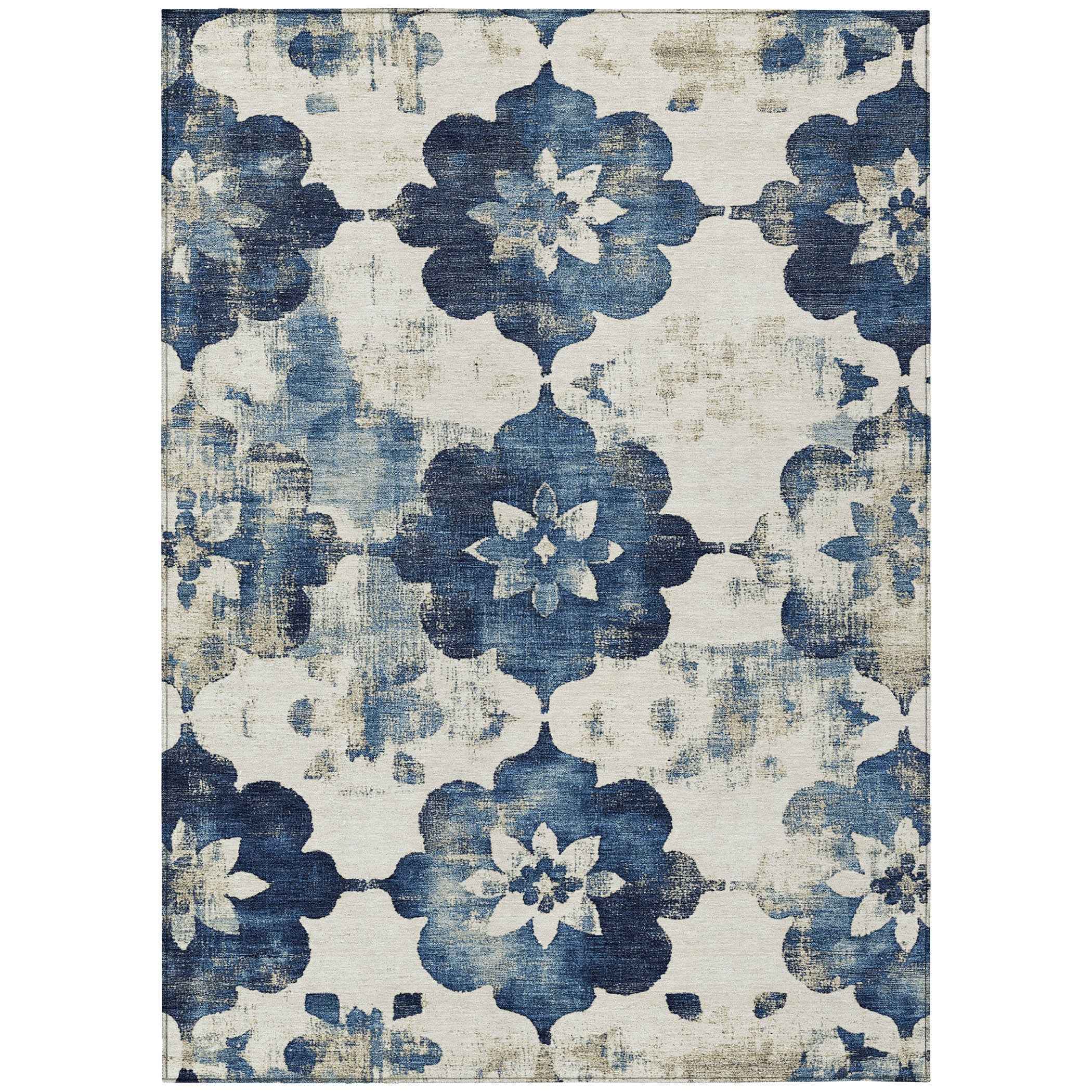 5' X 8' Navy Blue And Ivory Floral Washable Indoor Outdoor Area Rug