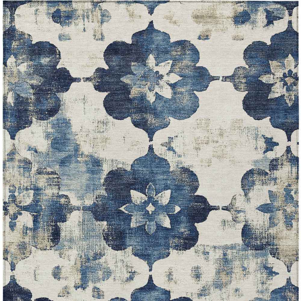 5' X 8' Navy Blue And Ivory Floral Washable Indoor Outdoor Area Rug