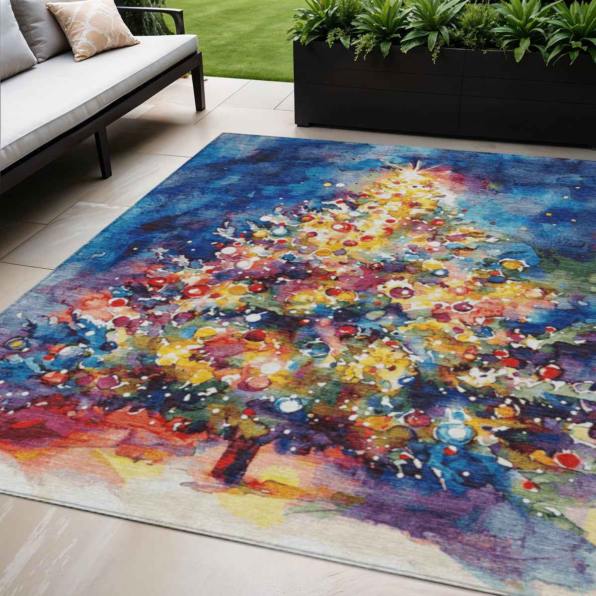 5' X 8' Navy Blue Gold Red And Purple Abstract Washable Indoor Outdoor Area Rug