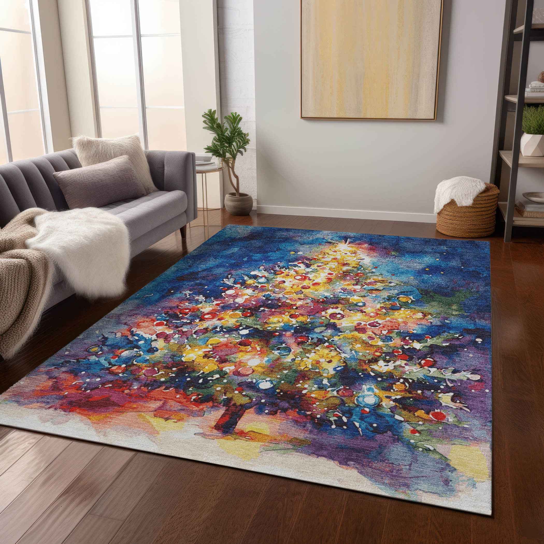 5' X 8' Navy Blue Gold Red And Purple Abstract Washable Indoor Outdoor Area Rug