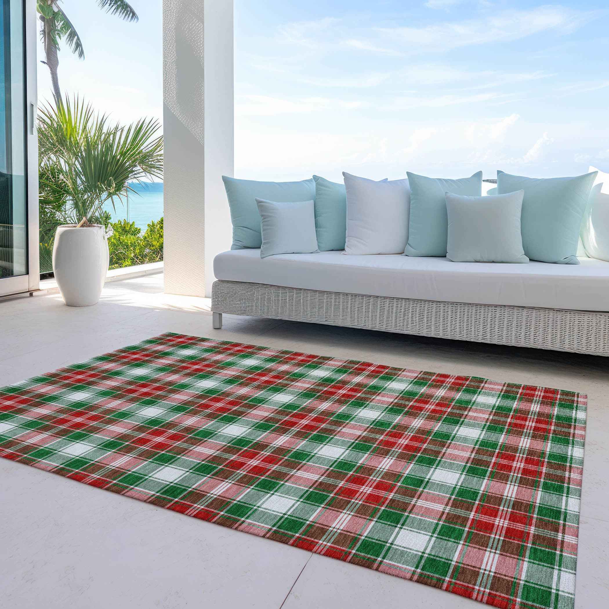 10' X 14' Emerald Red And White Plaid Washable Indoor Outdoor Area Rug