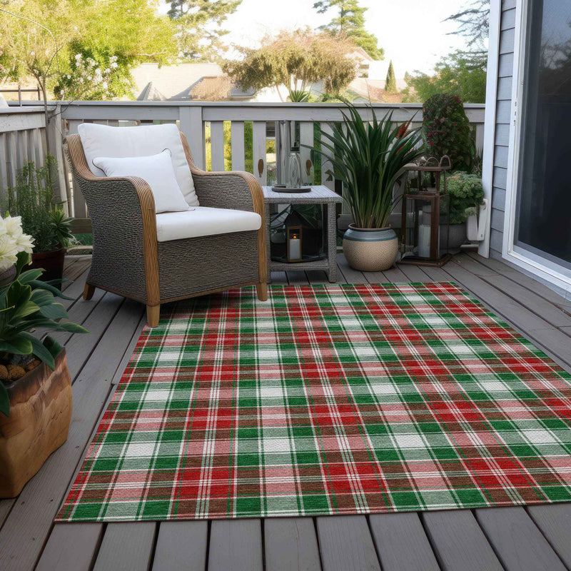 10' X 14' Emerald Red And White Plaid Washable Indoor Outdoor Area Rug