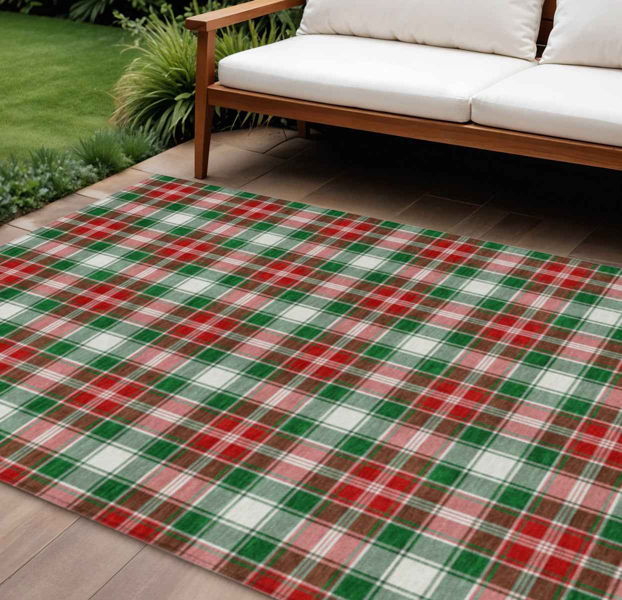 10' X 14' Emerald Red And White Plaid Washable Indoor Outdoor Area Rug