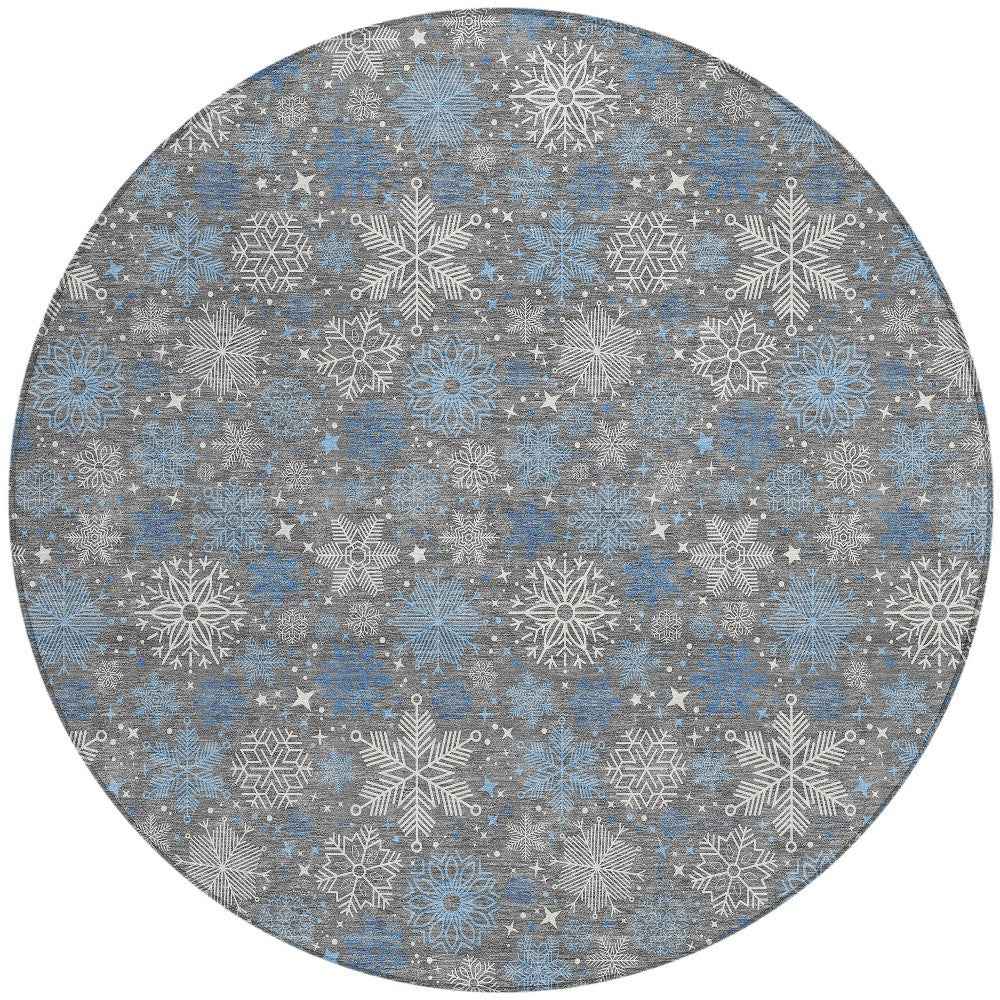 8' Gray Blue And Ivory Round Medallion Washable Indoor Outdoor Area Rug