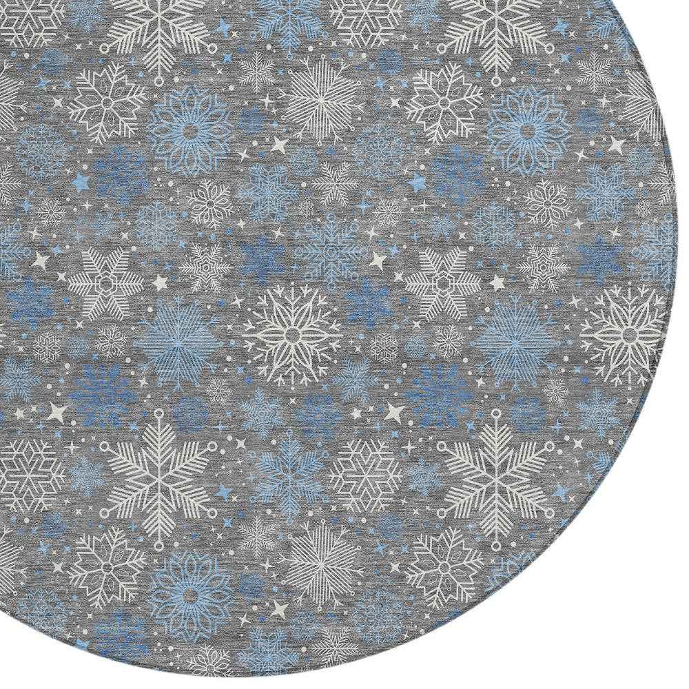 8' Gray Blue And Ivory Round Medallion Washable Indoor Outdoor Area Rug