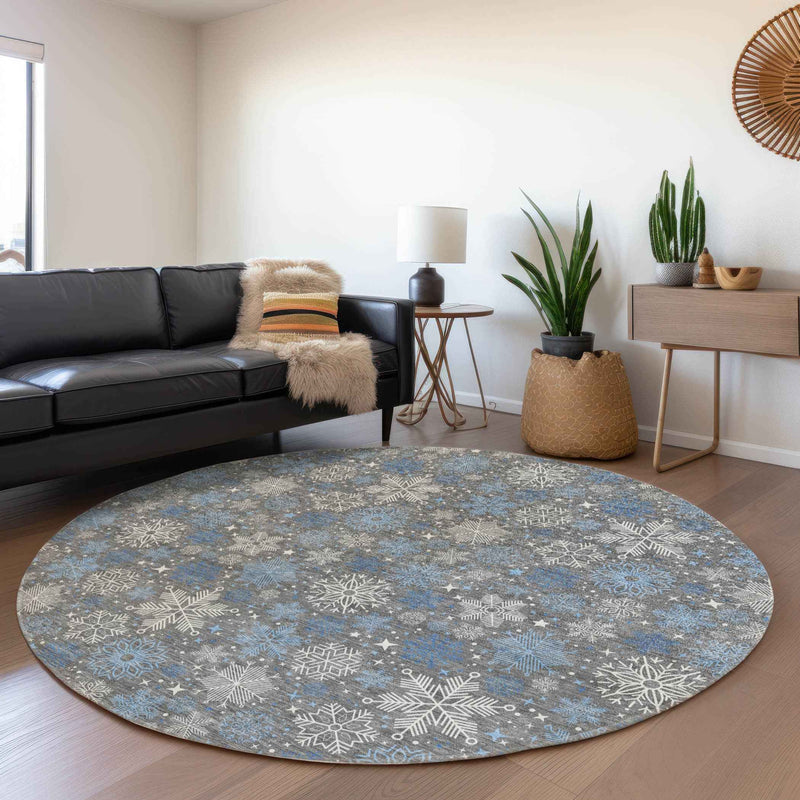 8' Gray Blue And Ivory Round Medallion Washable Indoor Outdoor Area Rug