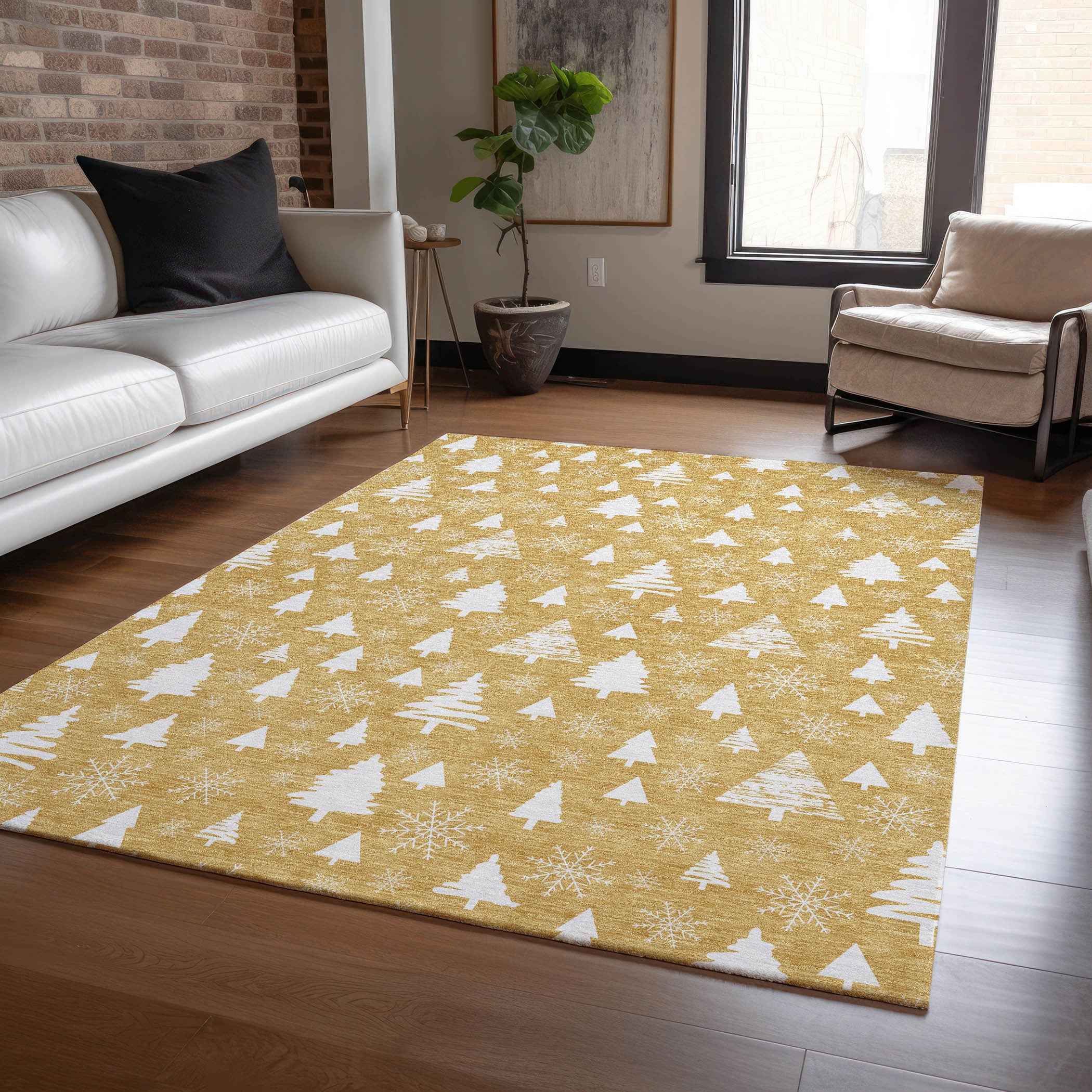 9' X 12' Gold And Ivory Botanical Leaves Washable Indoor Outdoor Area Rug