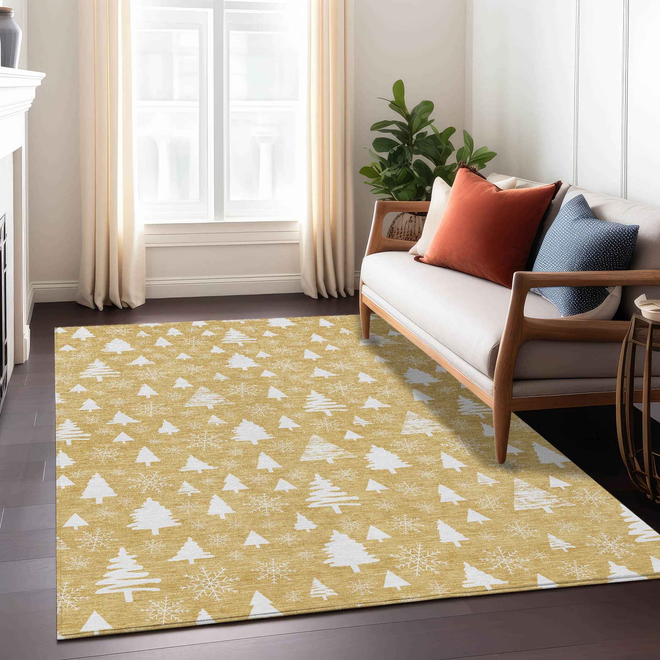 9' X 12' Gold And Ivory Botanical Leaves Washable Indoor Outdoor Area Rug