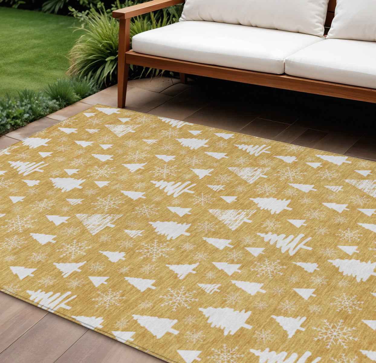 9' X 12' Gold And Ivory Botanical Leaves Washable Indoor Outdoor Area Rug