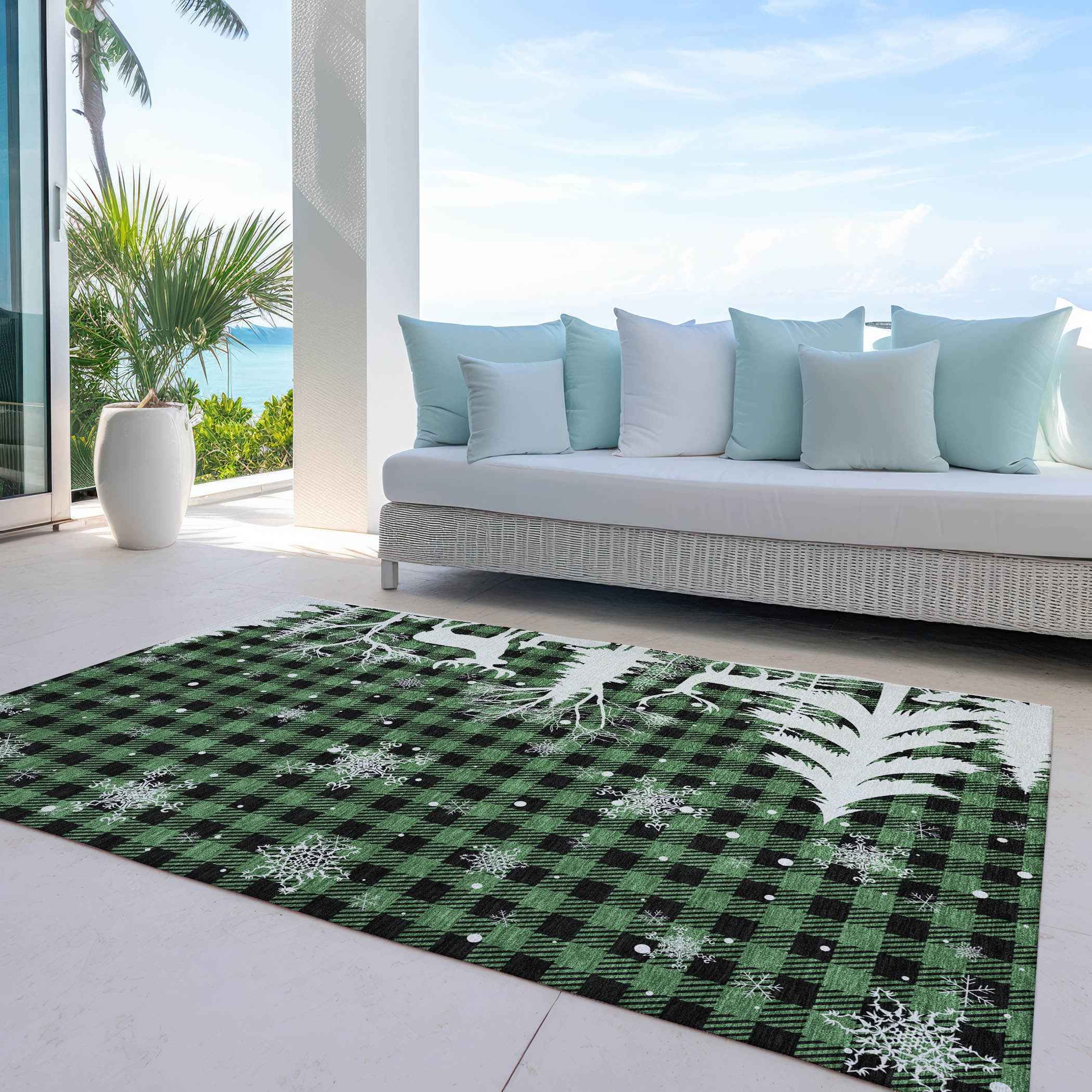 5' X 8' Green Black And Ivory Plaid Washable Indoor Outdoor Area Rug