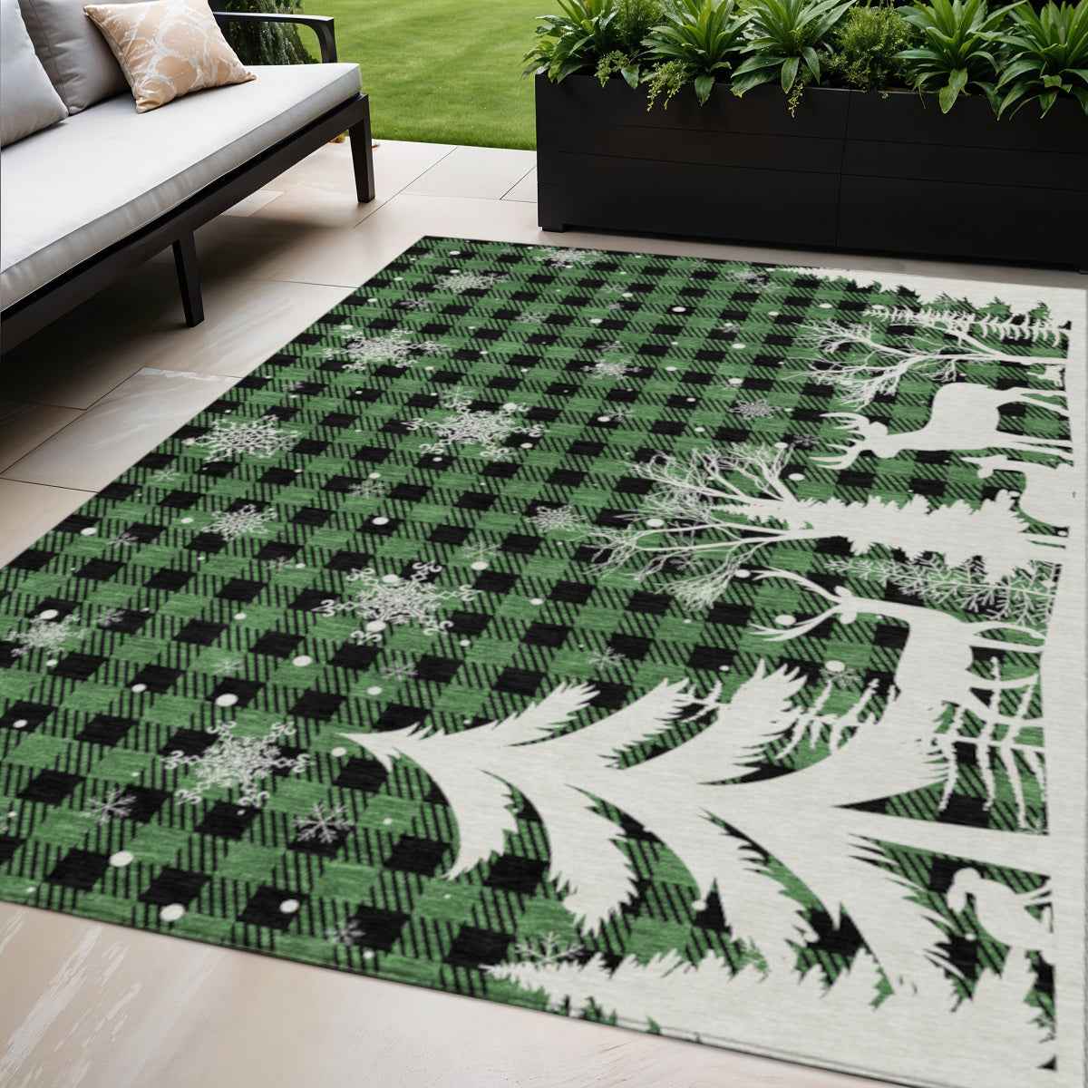 5' X 8' Green Black And Ivory Plaid Washable Indoor Outdoor Area Rug