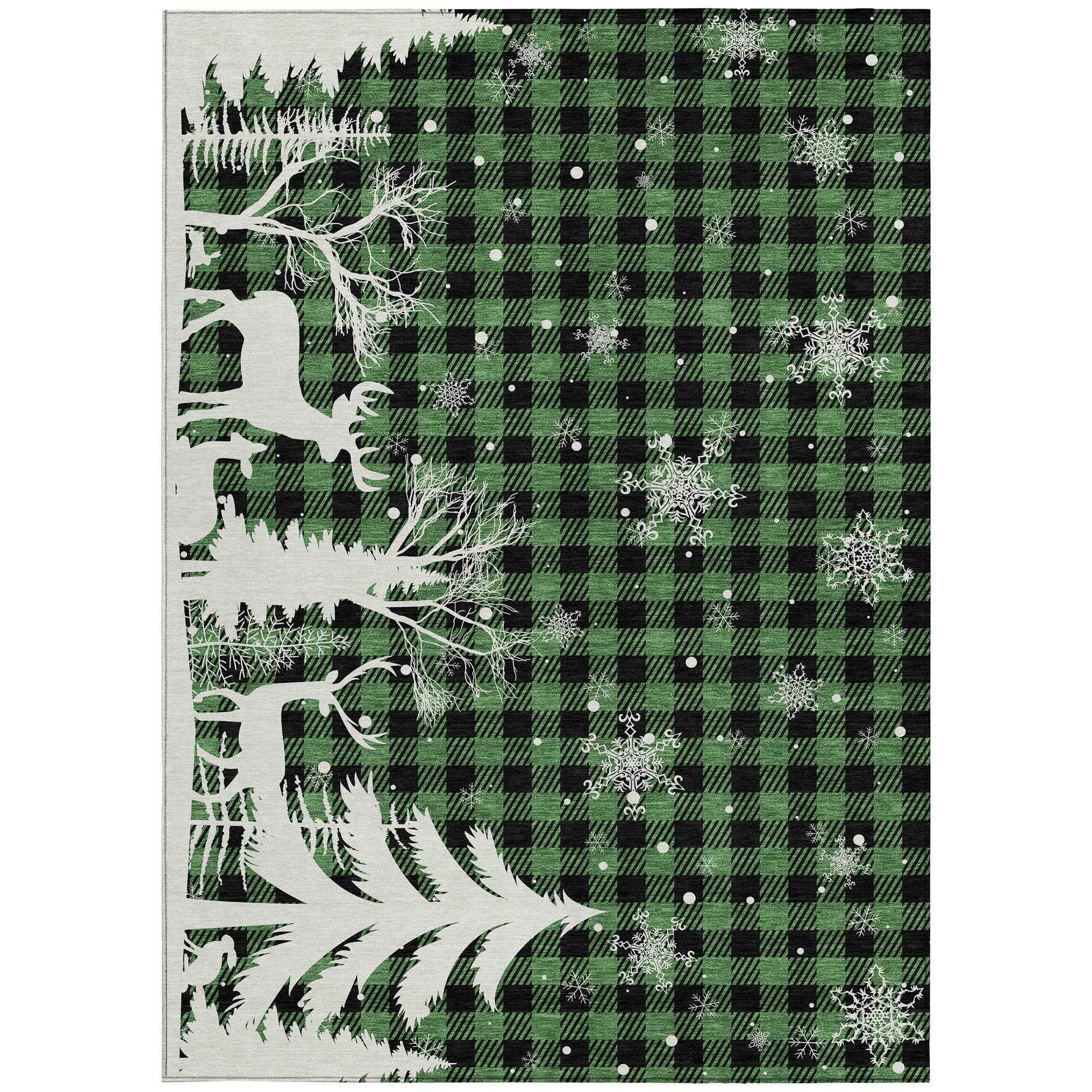 5' X 8' Green Black And Ivory Plaid Washable Indoor Outdoor Area Rug