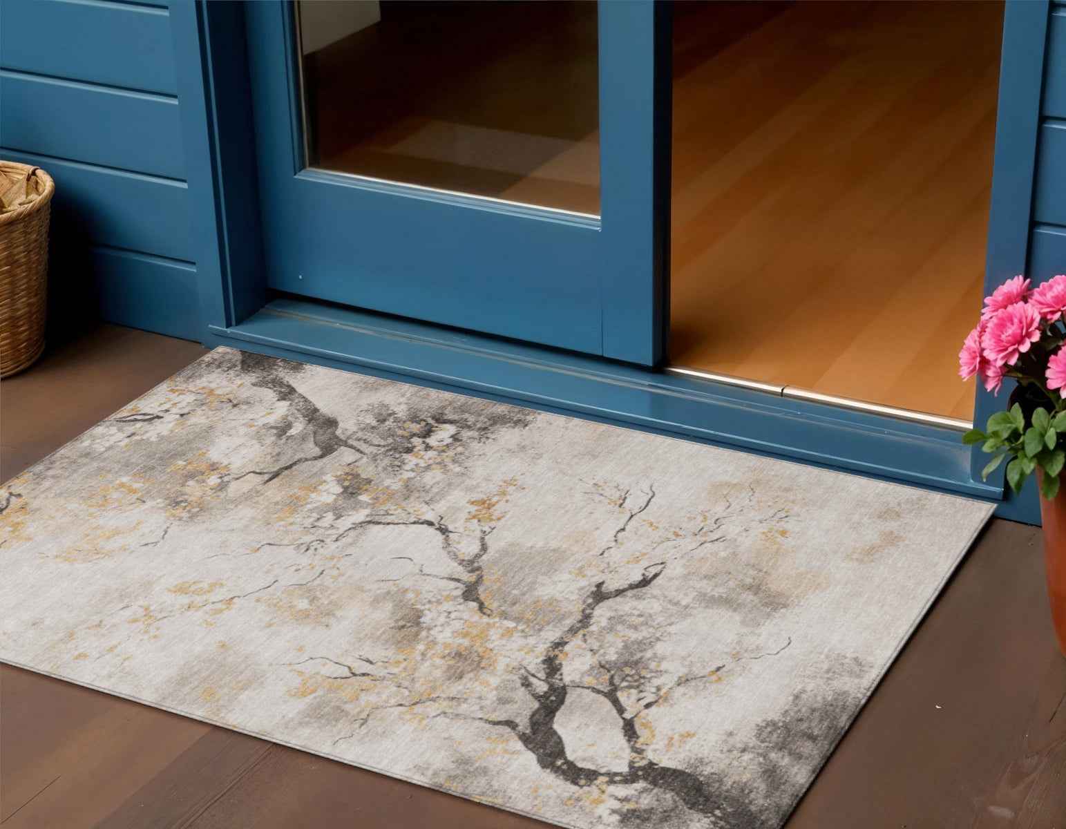 3' X 5' Beige Charcoal And Gold Floral Washable Indoor Outdoor Area Rug