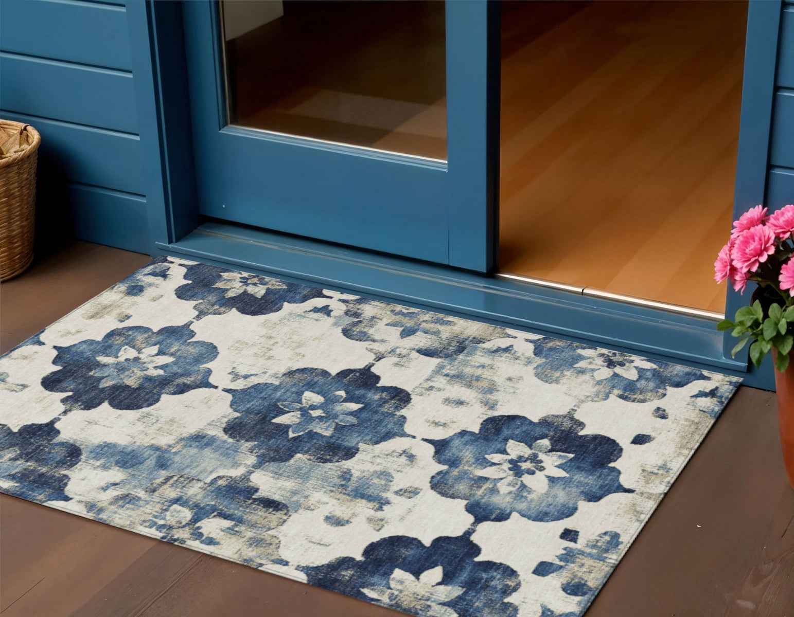 3' X 5' Navy Blue And Ivory Floral Washable Indoor Outdoor Area Rug
