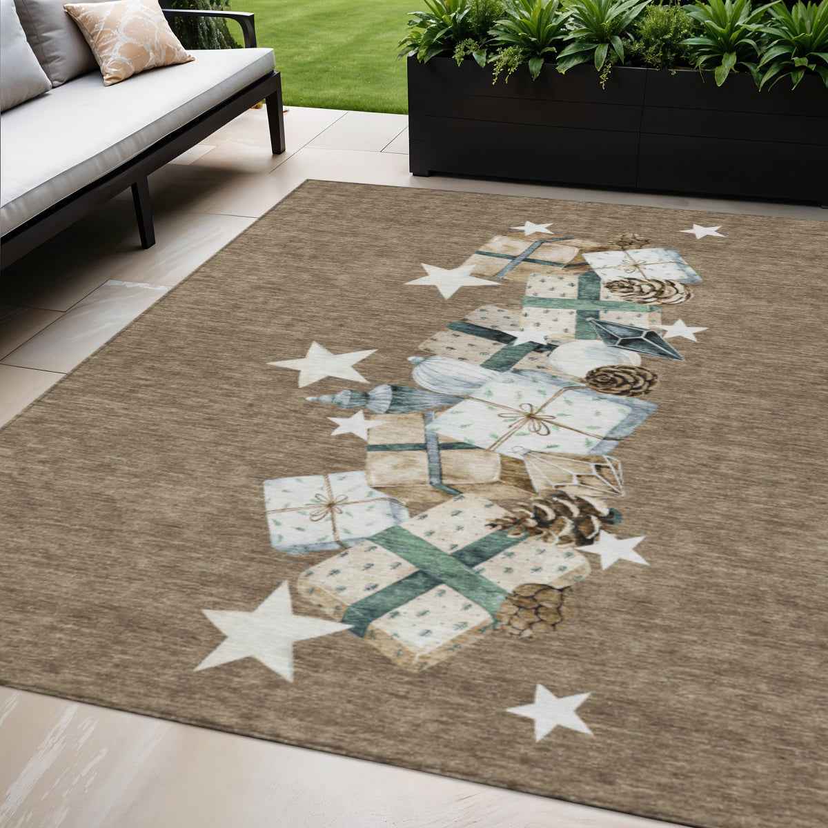 5' X 8' Brown Beige Ivory And Taupe Geometric Washable Indoor Outdoor Area Rug