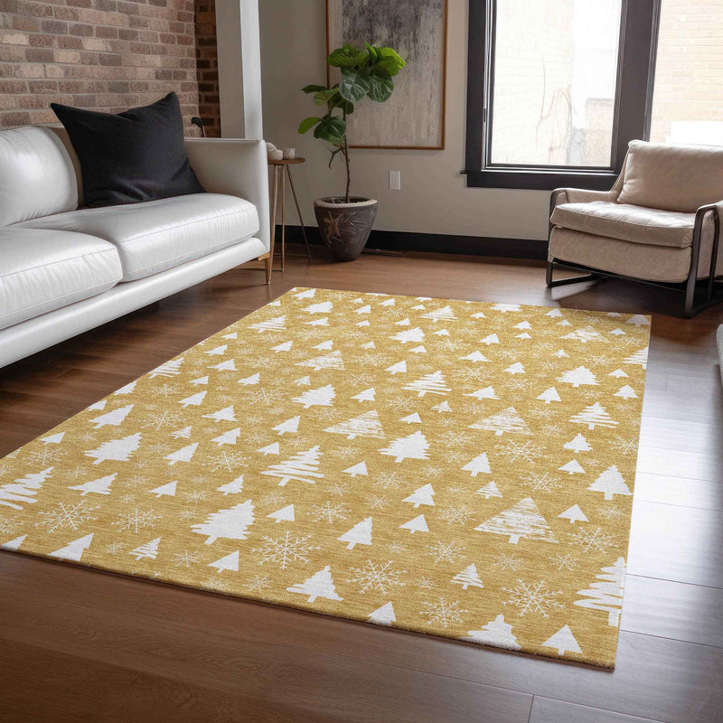 3' X 5' Gold And Ivory Botanical Leaves Washable Indoor Outdoor Area Rug