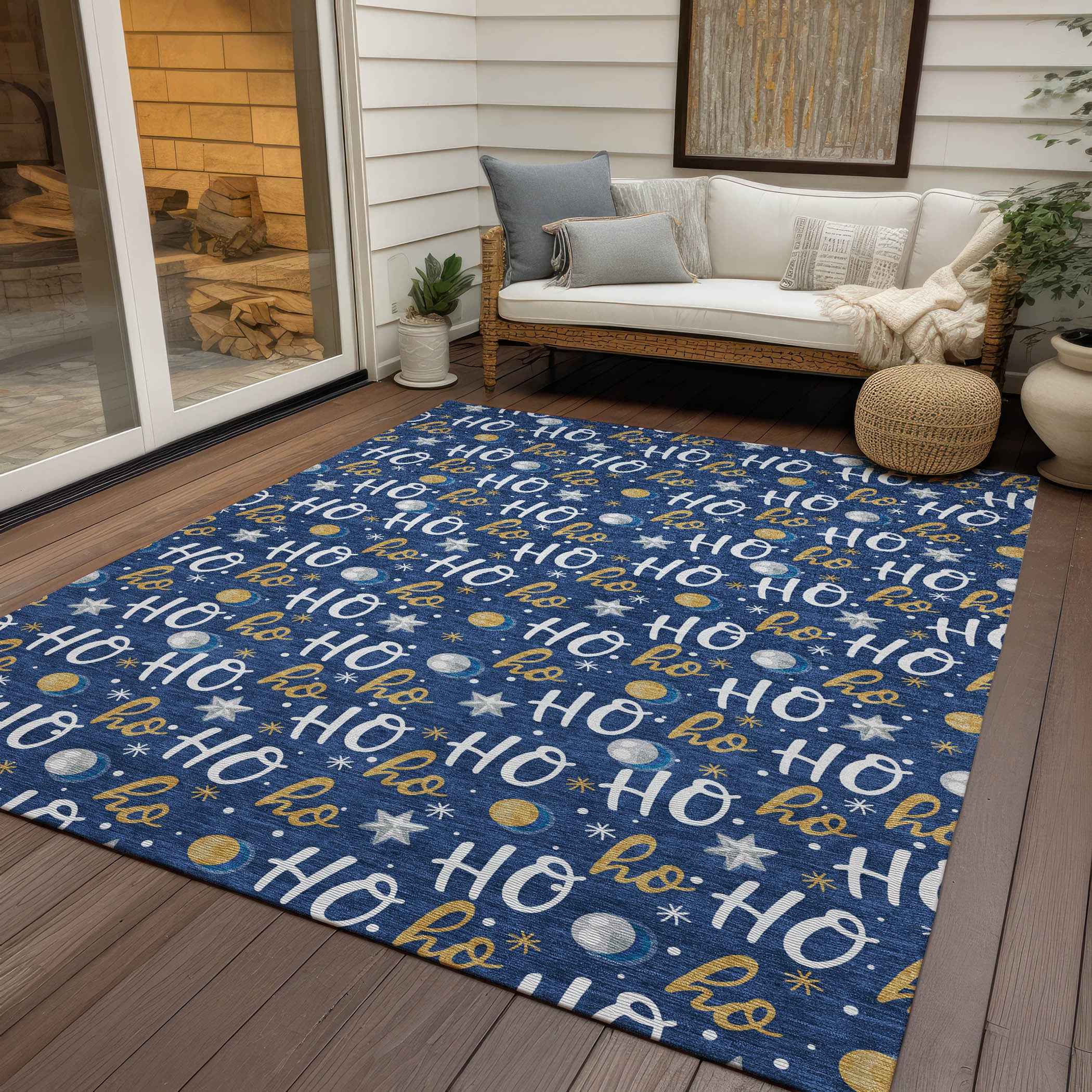10' X 14' Navy Blue White And Gold Polka Dot Washable Indoor Outdoor Area Rug