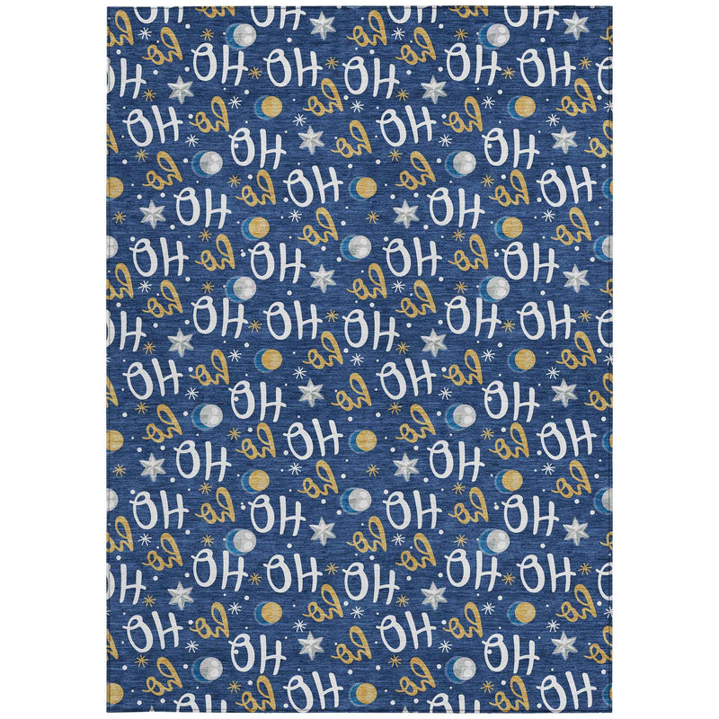10' X 14' Navy Blue White And Gold Polka Dot Washable Indoor Outdoor Area Rug