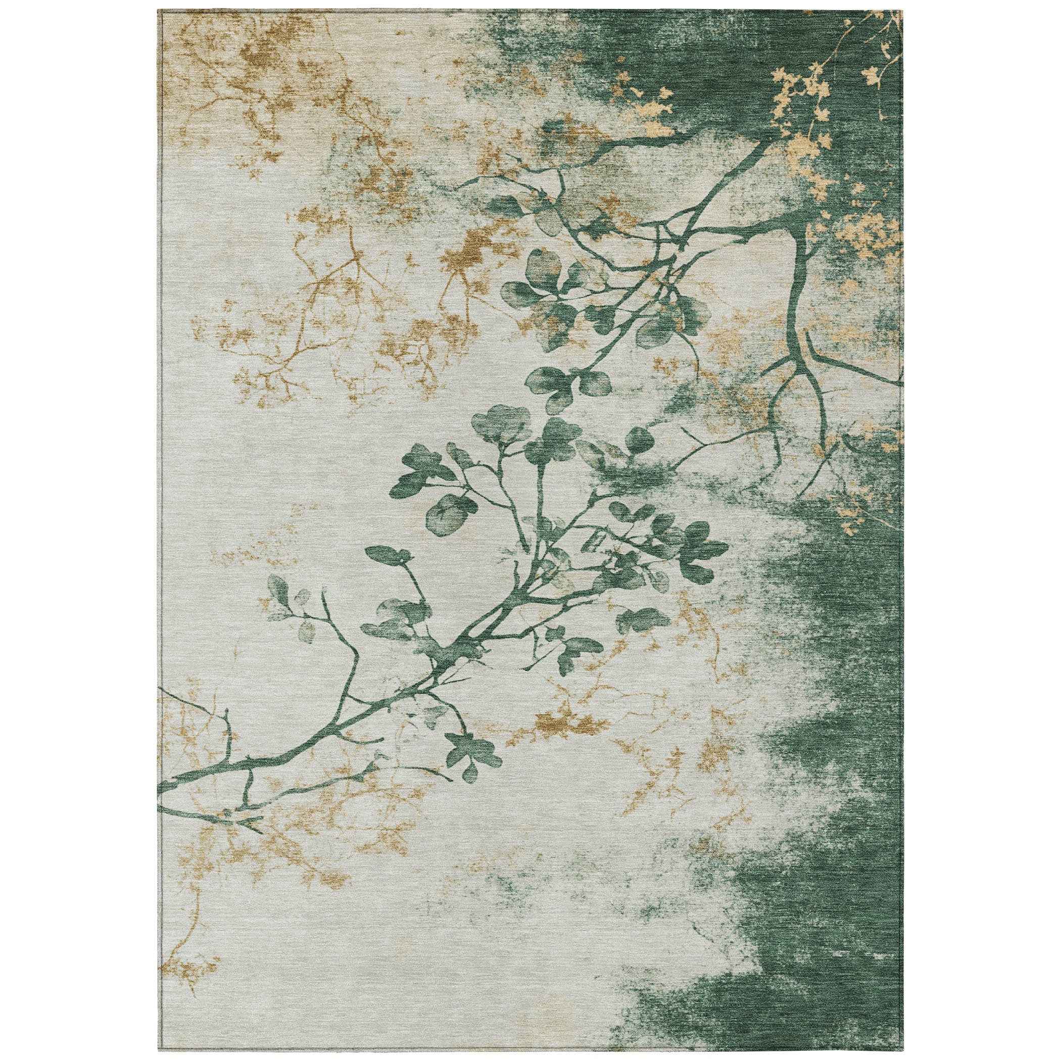 3' X 5' Emerald Ivory And Gold Floral Washable Indoor Outdoor Area Rug