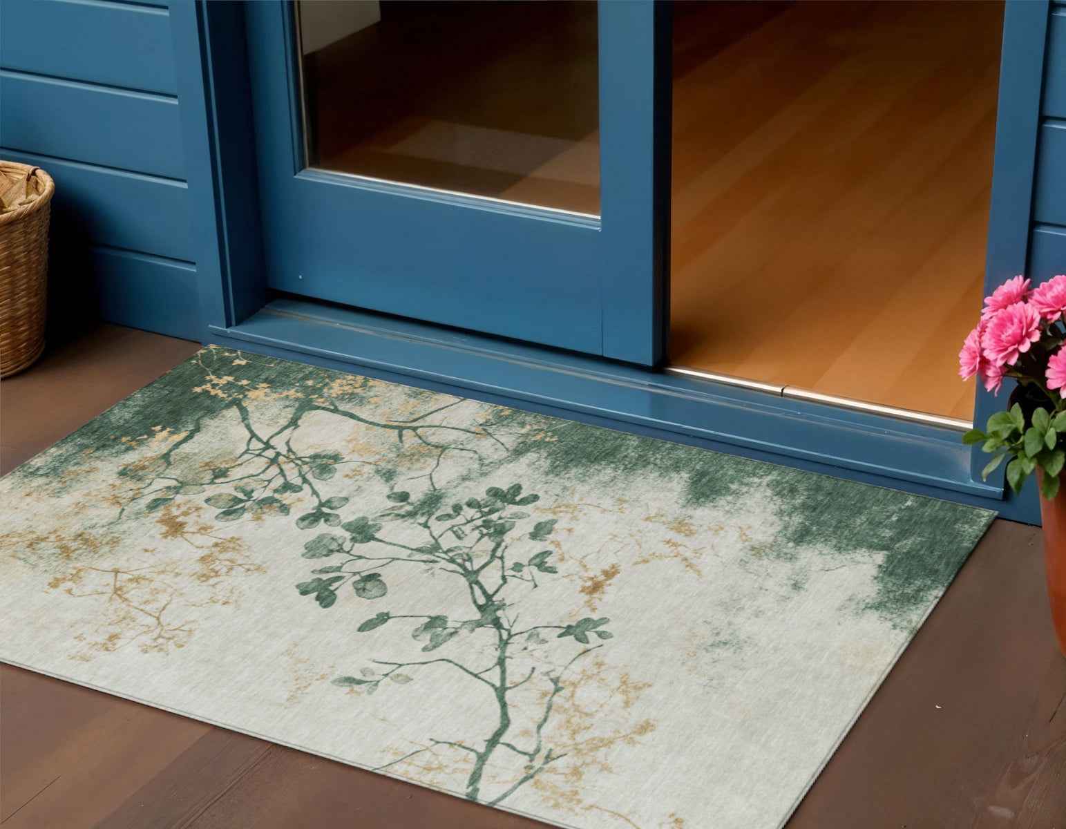 3' X 5' Emerald Ivory And Gold Floral Washable Indoor Outdoor Area Rug