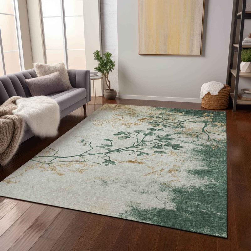 3' X 5' Emerald Ivory And Gold Floral Washable Indoor Outdoor Area Rug
