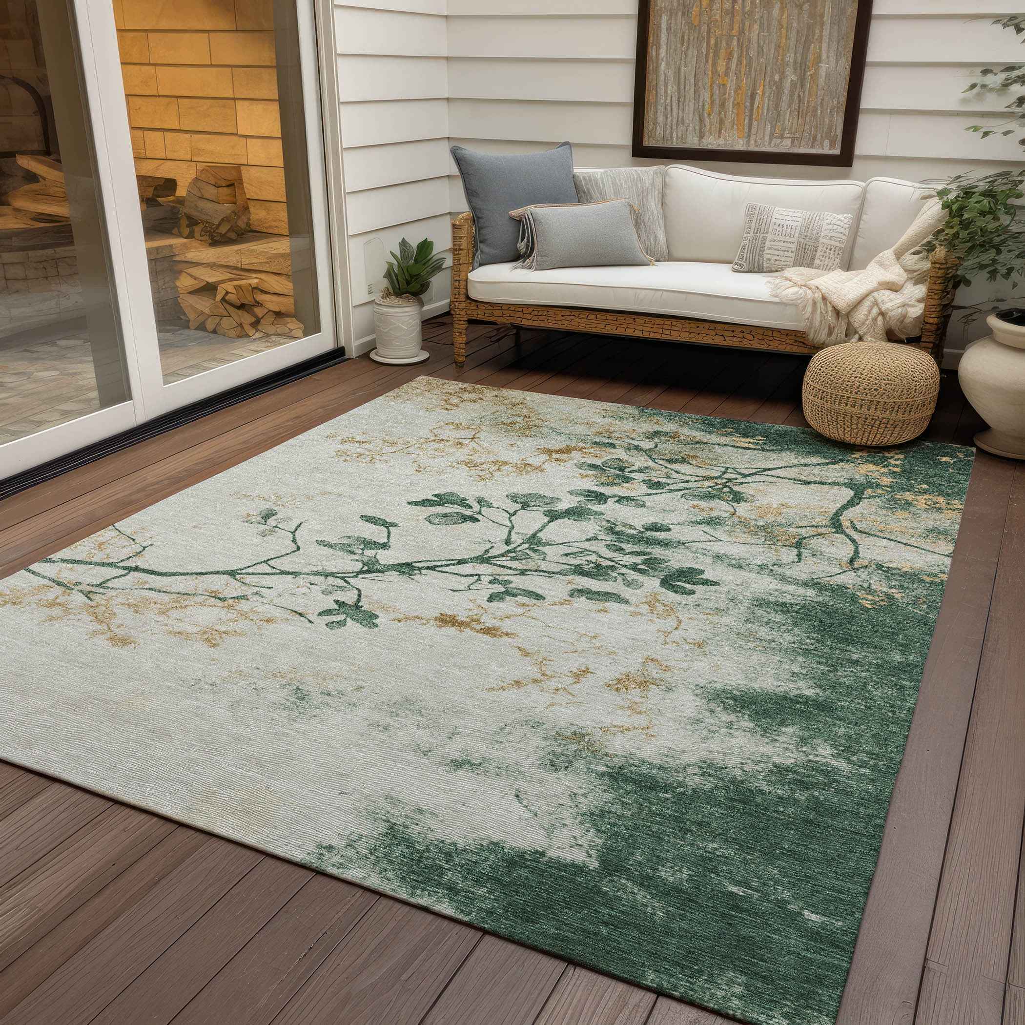 3' X 5' Emerald Ivory And Gold Floral Washable Indoor Outdoor Area Rug