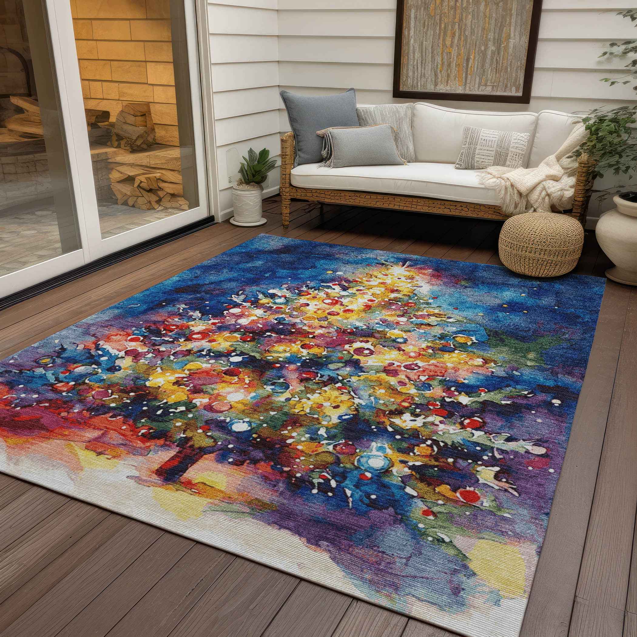 3' X 5' Navy Blue Gold Red And Purple Abstract Washable Indoor Outdoor Area Rug