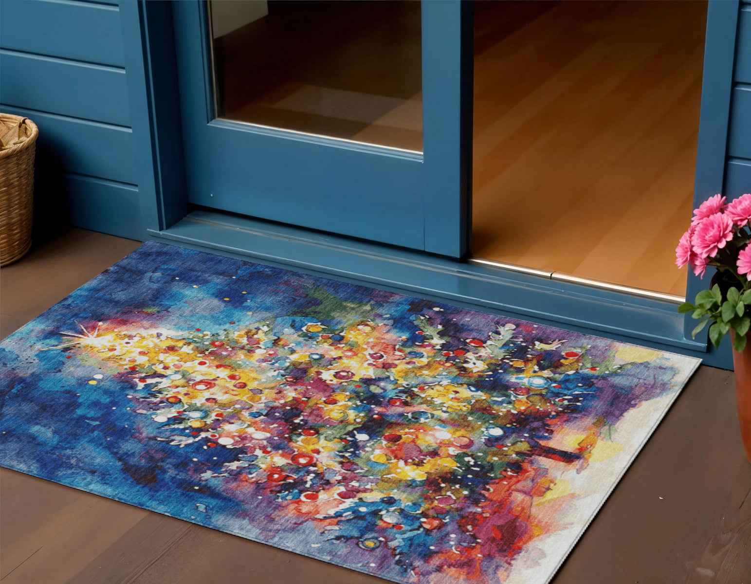 3' X 5' Navy Blue Gold Red And Purple Abstract Washable Indoor Outdoor Area Rug