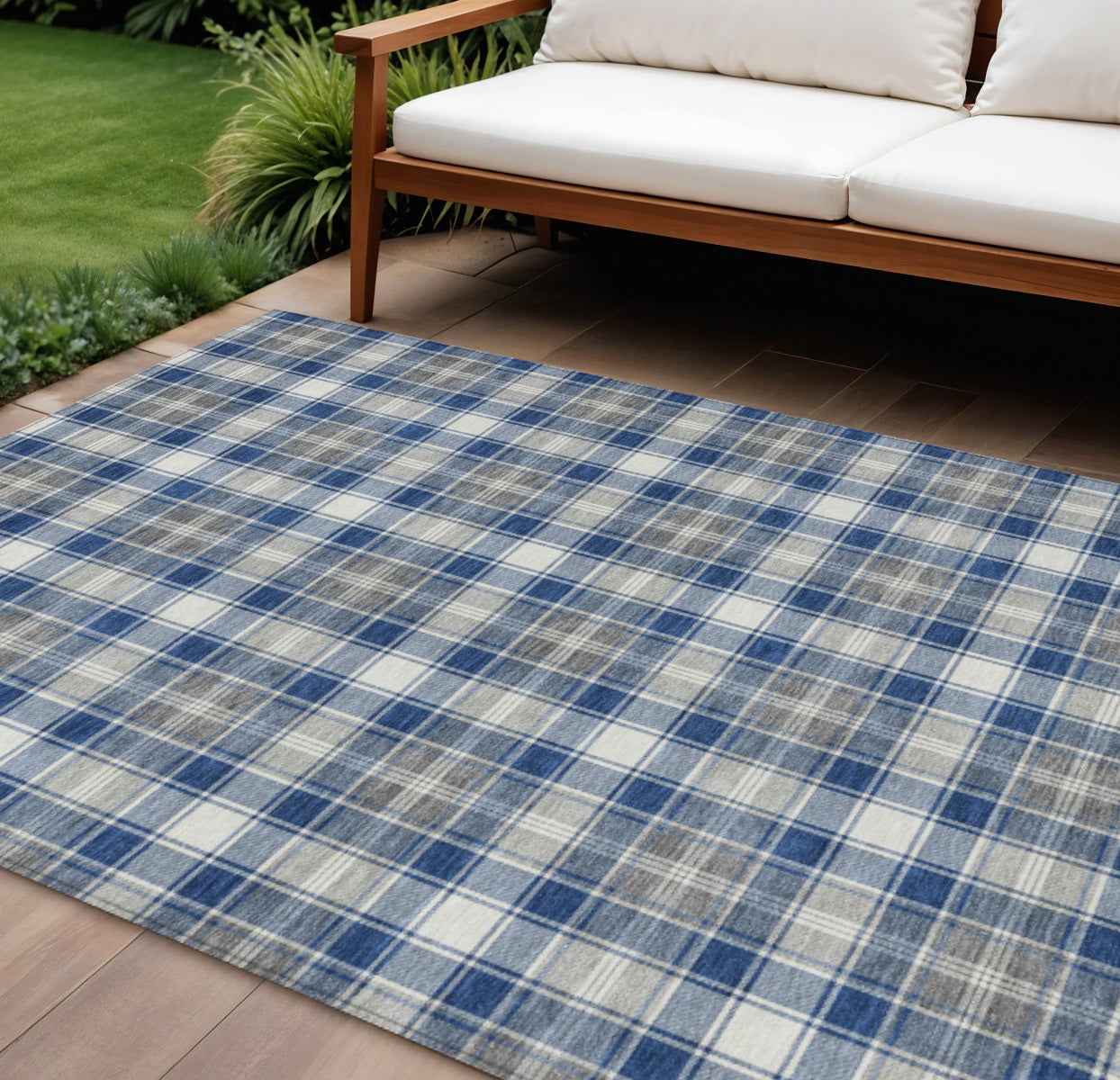 9' X 12' Navy Blue Ivory And Gray Plaid Washable Indoor Outdoor Area Rug