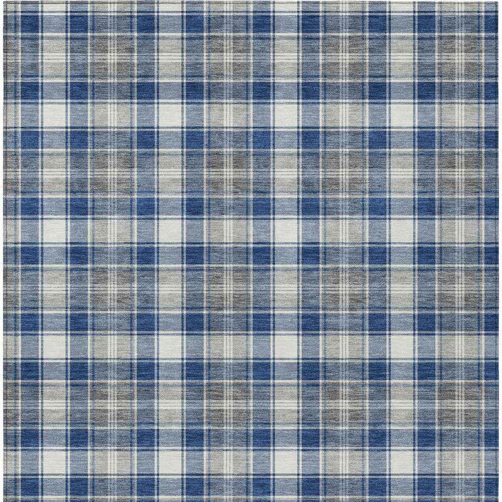 9' X 12' Navy Blue Ivory And Gray Plaid Washable Indoor Outdoor Area Rug