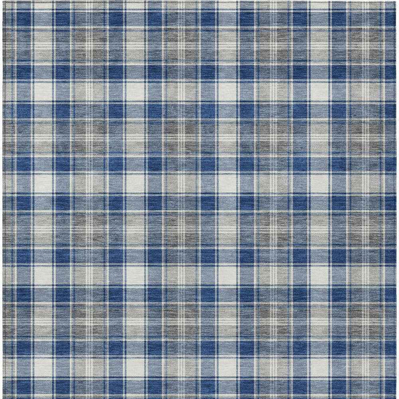 9' X 12' Navy Blue Ivory And Gray Plaid Washable Indoor Outdoor Area Rug