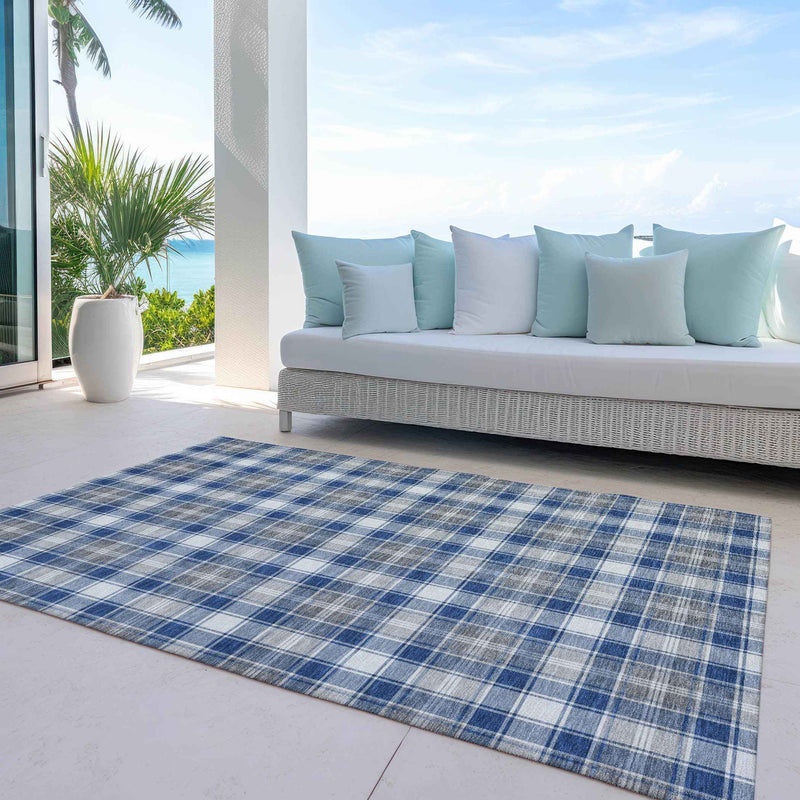 9' X 12' Navy Blue Ivory And Gray Plaid Washable Indoor Outdoor Area Rug