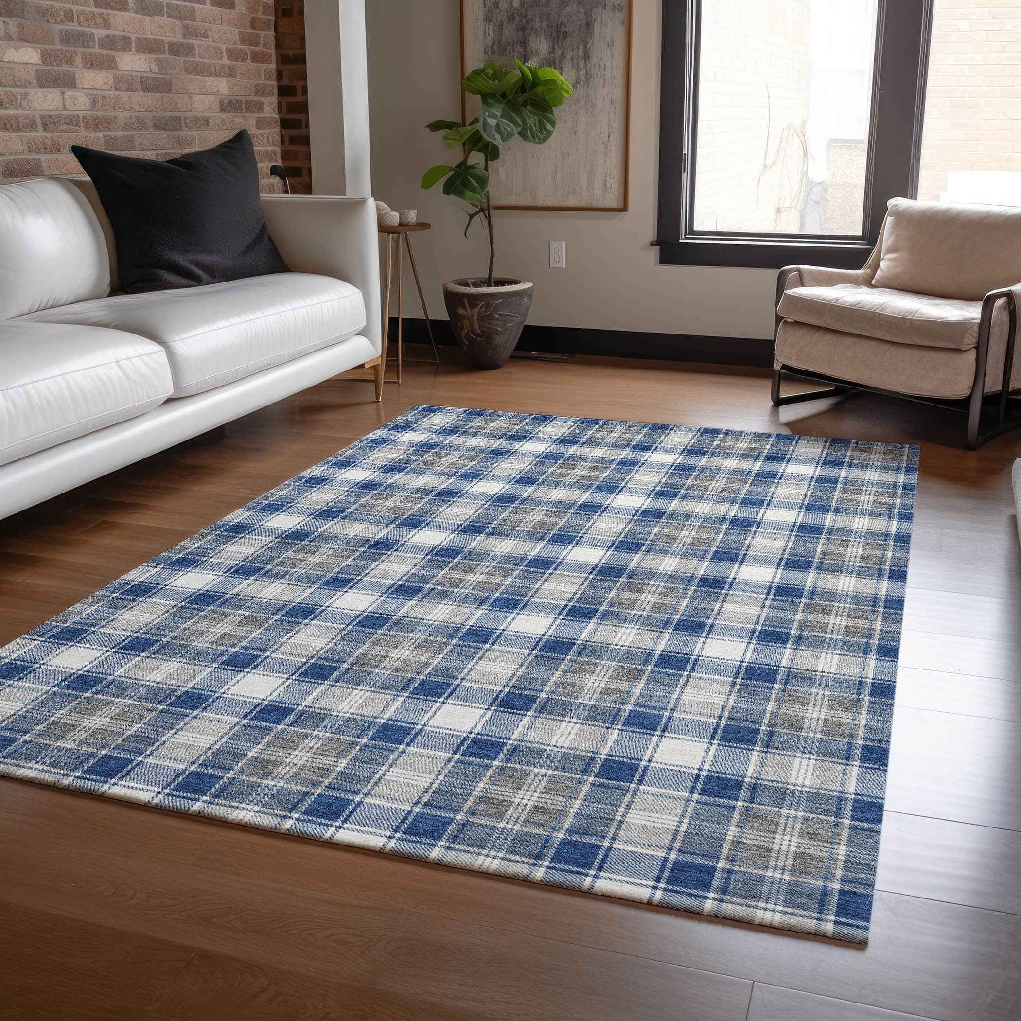 9' X 12' Navy Blue Ivory And Gray Plaid Washable Indoor Outdoor Area Rug