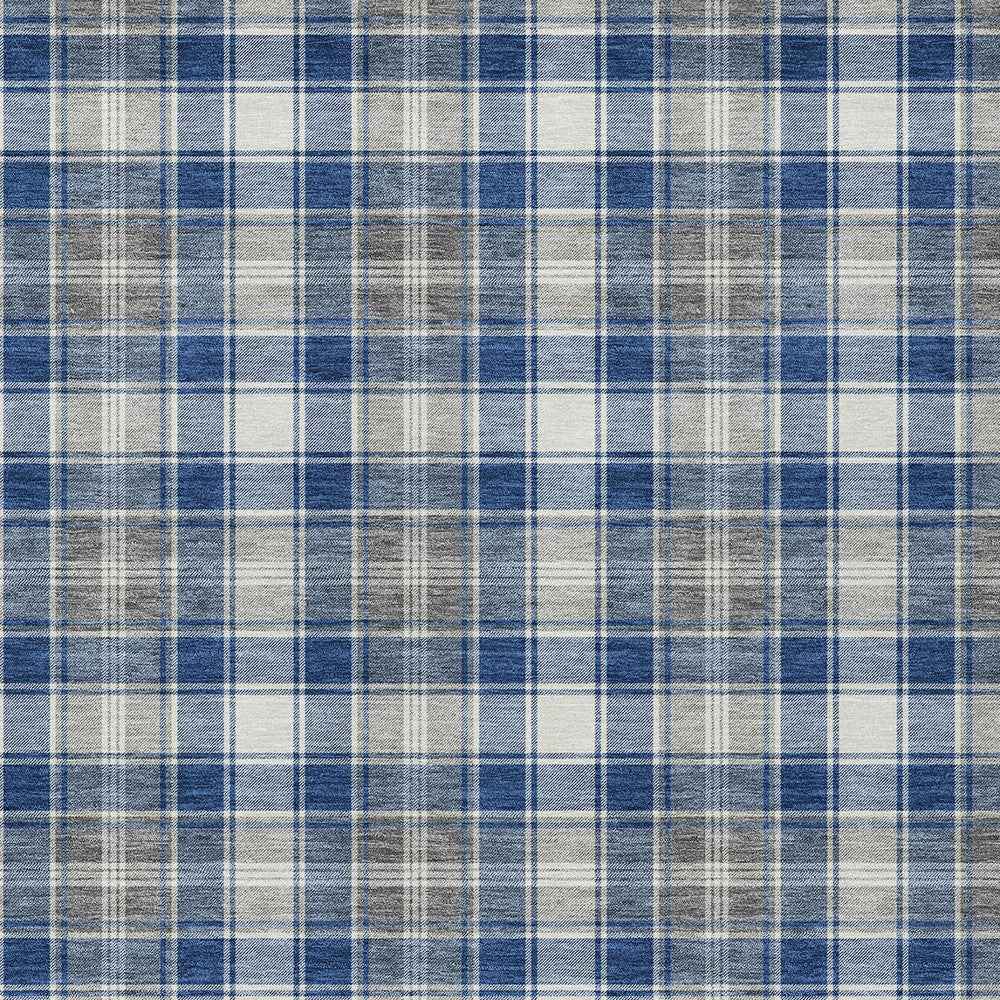 9' X 12' Navy Blue Ivory And Gray Plaid Washable Indoor Outdoor Area Rug