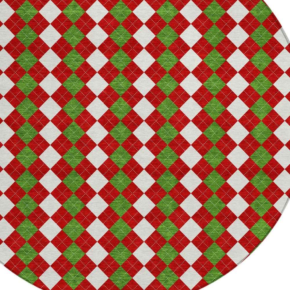8' Red White And Green Round Argyle Washable Indoor Outdoor Area Rug